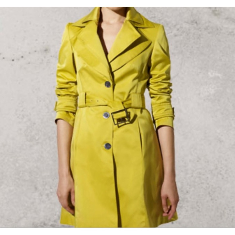 Karen Millen Trench Coat Womens 8 Yellow Satin Belted Double Lapel Jacket